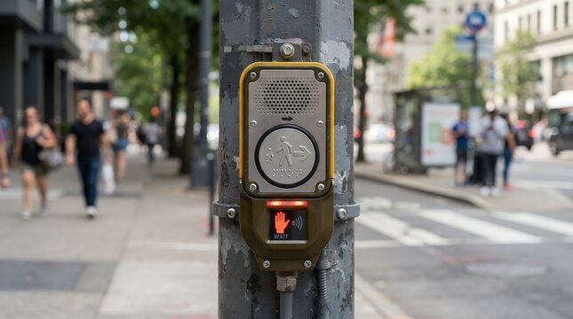 Pedestrian crossing signal button with audio locator on a city street pole.