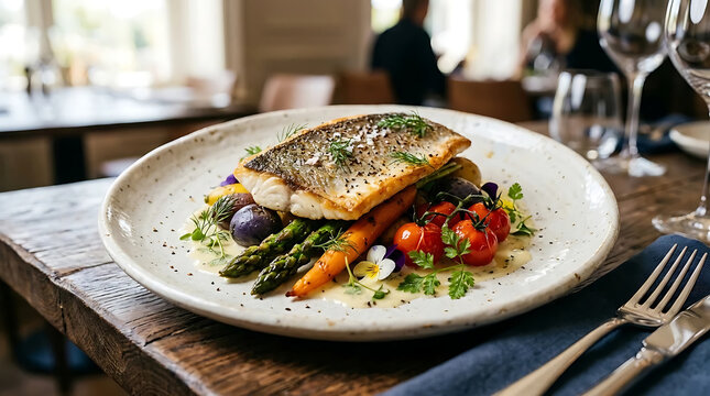 Grilled white fish fillet with asparagus, carrots, and cherry tomatoes on a rustic plate in an elegant restaurant setting, perfect for healthy dining and gourmet menu concepts.