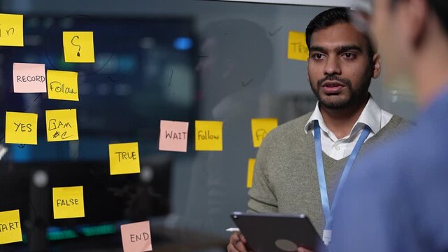 An engineer holding a tablet behind the notes reads a hand written flow of start, wait, follow and end cards stuck across the glass inside a dark AI startup office.