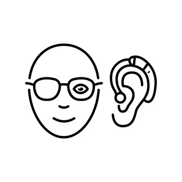 Minimalist line icon displaying a face profile with an eye patch or magnifying lens combined with a hearing aid behind the ear, representing senior vision and hearing care services.