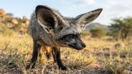 Fototapeta premium Bat-eared Fox in Savanna: A striking bat-eared fox with its iconic oversized ears stands alert in the dry grass of the African savanna, its keen eyes scanning the horizon under the clear daytime sky.