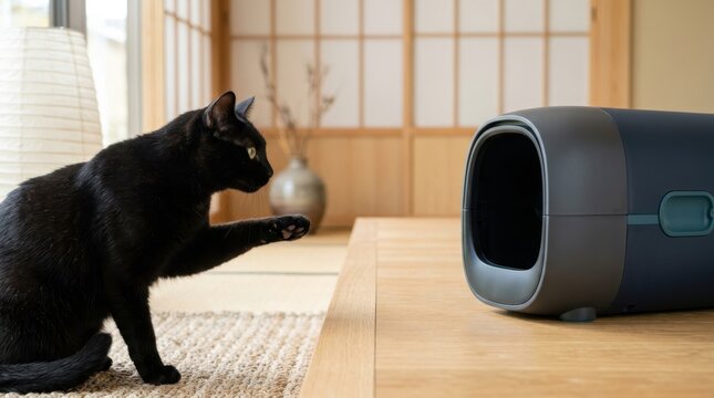 Curiosity Unleashed: A sleek black cat reaches out a paw towards a modern electronic device, its gaze fixed with intense curiosity in a serene, minimalist room.
