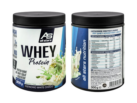 AS  All Stars Whey Protein Isolat Shake Pistachio White Choco  Hintergrund weiss