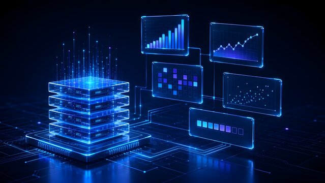 Server network performance monitoring dashboard with glowing digital charts representing big data analytics