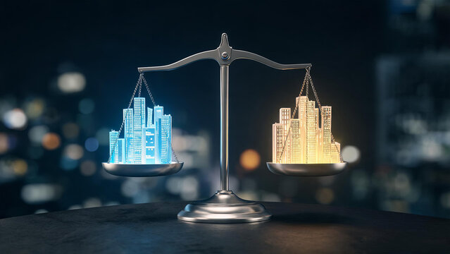A balance scale holds two miniature glowing cityscapes, one blue and one warm, representing comparison or evaluation.
