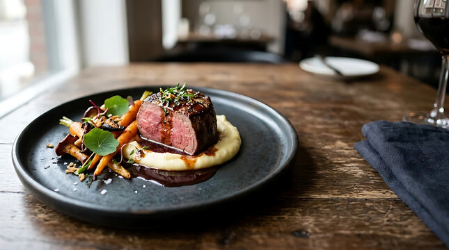 Gourmet medium-rare beef tenderloin steak served with creamy mashed potatoes, roasted baby carrots, and rich jus on a dark plate in a rustic fine dining restaurant setting.