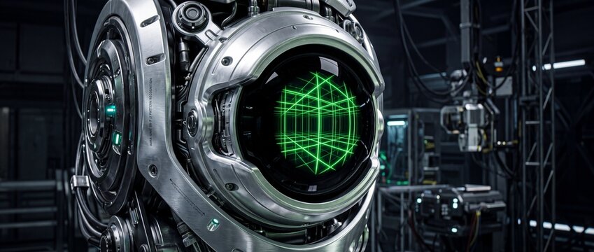 Close up of highly detailed robotic eye module with green glowing matrix grid display on camera lens for pattern recognition concept