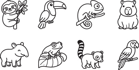 Fototapeta premium Set of cute cartoon exotic animal outline vector icons
