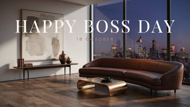 Happy Boss Day greeting on luxury office interior, executive lounge with leather sofa and city view, 16 October celebration