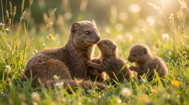 Cute dwarf mongoose family with small babies in green grass at golden sunrise, AI gen
