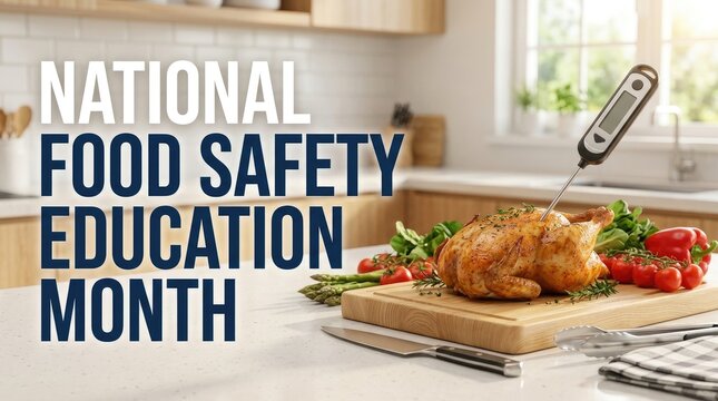 National food safety education month with a roasted chicken and food thermometer in a kitchen