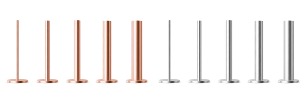 Realistic 3d metal poles with shiny chrome texture. Vector sticks, steel, brass or iron stands isolated on white background, Silver, bronze or copper pillars mockup for street signs, aluminium column