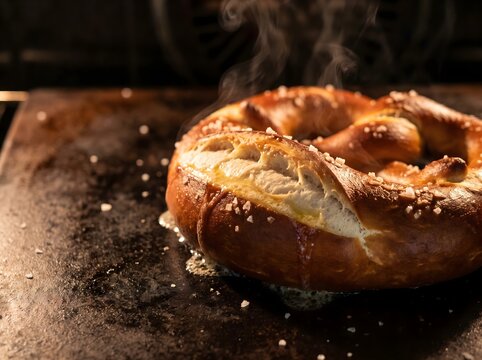 Hot Bavarian Pretzel with Melting Butter and Steam on Oven Baking Stone