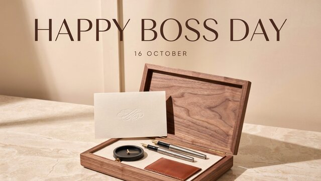 Happy Boss Day greeting card with 16 October text. Elegant wooden gift box with pens and compass. Professional office celebration concept.