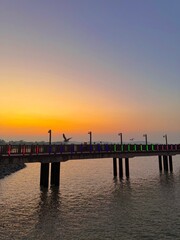 Obraz premium Seagull flying over a pier above the water at sunset during golden hour
