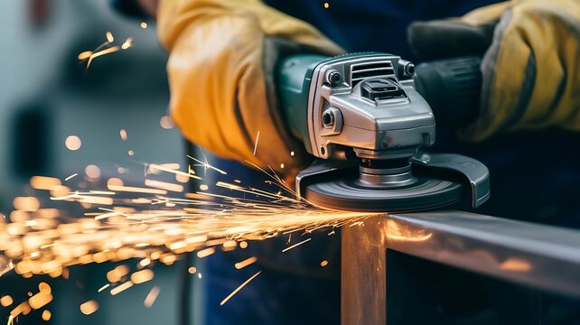 Close-up of a worker wearing protective yellow gloves using an electric angle grinder to cut metal, creating bright orange sparks in a workshop