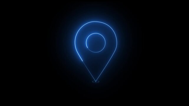 Glowing neon location icon animation searching place address travel direction road signs map symbol on black background 4k video