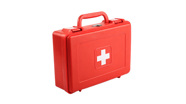 Red plastic first aid kit medical box isolated on transparent background