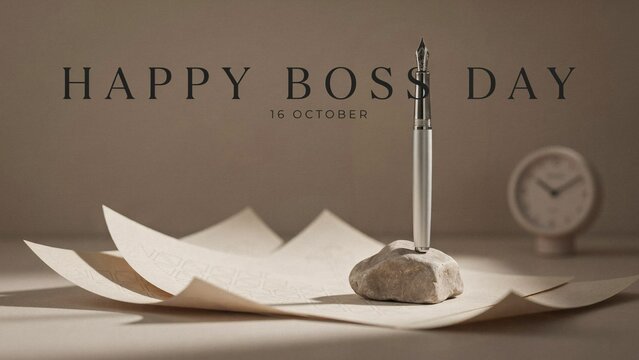 Happy Boss Day greeting card with fountain pen, elegant office desk with paper and clock, professional business celebration