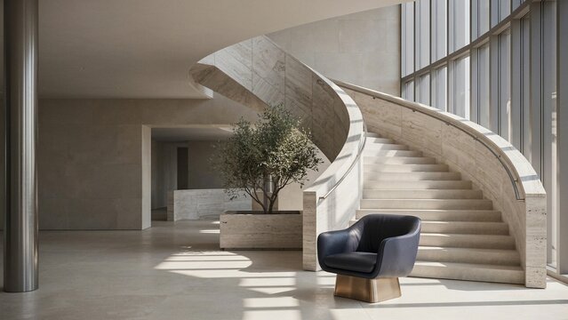 Minimalist spiral staircase in luxury lobby, modern concrete architecture with curved stairs, elegant interior design with leather armchair