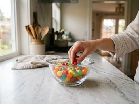 Hand picking colorful jelly beans from glass bowl on marble counter in natural daylight