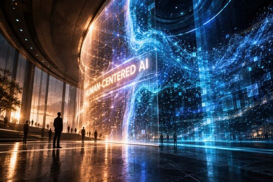 Human-Centered AI Governance Threshold in Futuristic Civic Interior