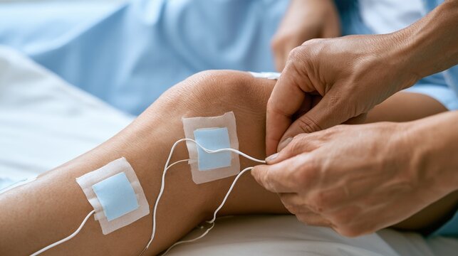 Restless Legs Awareness Day: a sleep specialist attaching polysomnography leg sensors to a patient's shin for overnight sleep study, sterile clinical setting
