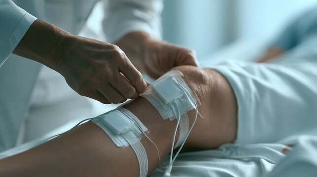 Restless Legs Awareness Day: a sleep specialist attaching polysomnography leg sensors to a patient's shin for overnight sleep study, sterile clinical setting