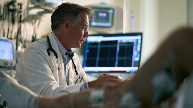 Restless Legs Awareness Day: Neurologist reviewing a patient's leg nerve conduction study results on a monitor, EMG electrodes visible on patient's calf in foreground