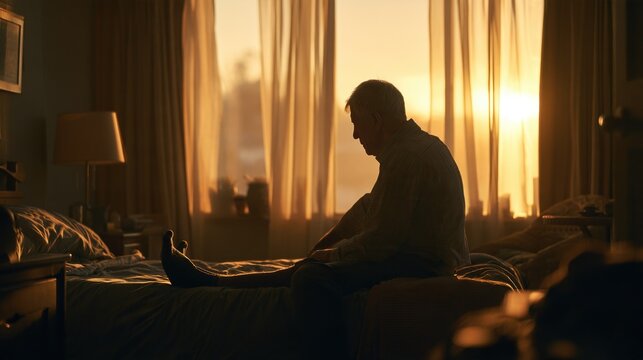 Restless Legs Awareness Day: Elderly man stretching his legs at the edge of the bed in early morning light, cozy bedroom with soft golden sunrise glow through curtains