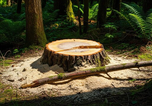 A freshly cut tree stump sits in a dense forest surrounded by scattered sawdust and a fallen branch, showing signs of timber harvesting, logging, conservation, cutting