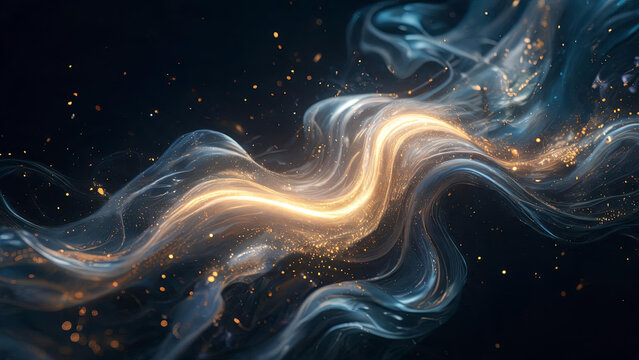 Ethereal glowing golden and blue light streams swirl with tiny sparkles against a dark backdrop, creating a surreal abstract visual effect.