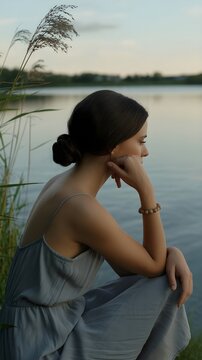 Mujer pensativa en vestido gris contemplando el lago en calma al atardecer