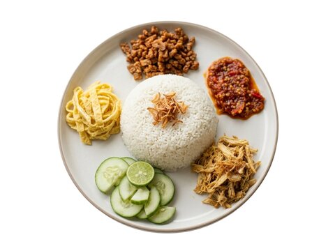 Indonesian fragrant coconut rice nasi uduk with shredded chicken oreg tempeh sliced omelet and sambal