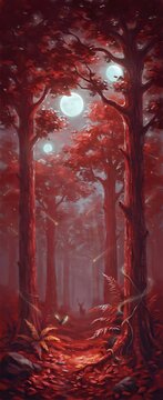 Bosque m&aacute;gico surrealista en tonos rojos con lunas brillantes e ilustraci&oacute;n de fantas&iacute;a nocturna
