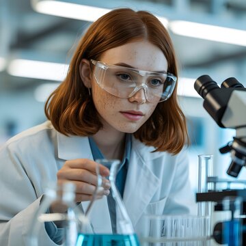 Cient&iacute;fica joven con gafas de seguridad trabajando en laboratorio cl&iacute;nico con microscopio y tubos de ensayo