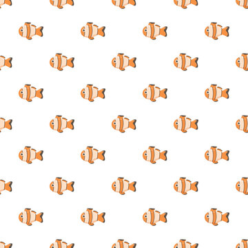 Cartoon clownfish creating an orange and white seamless underwater pattern