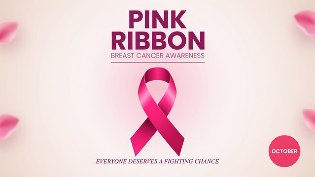 Pink ribbon breast cancer awareness banner, medical health campaign poster, October awareness month background with floral petals