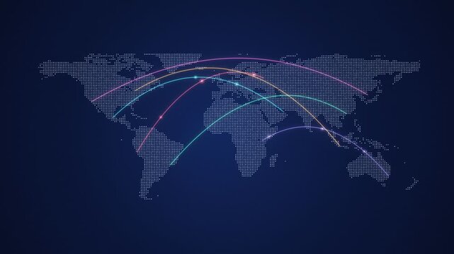 Dotted world map with coloured connection arcs linking cities on a dark blue background, for global network themes