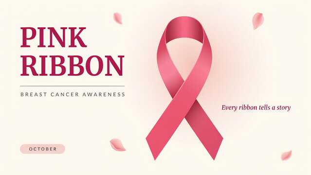 Pink ribbon breast cancer awareness banner, satin ribbon symbol on cream background, October health campaign poster