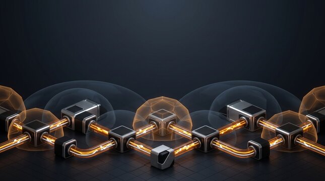 3D abstract smart grid network background with glowing amber conduits and transparent protective data domes