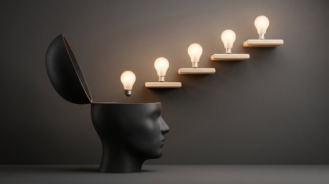 Progressive learning and continuous improvement concept showing glowing lightbulbs ascending steps from an open human head