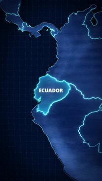 Vertical Ecuador map animation with glowing cyan borders and geographic infographic styling for mobile advertising and short-form video.