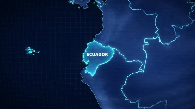 Glowing Ecuador map animation with neon borders and geographic infographic styling for a widescreen presentation backdrop
