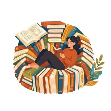 Woman reading book sitting on a pile of books illustration
