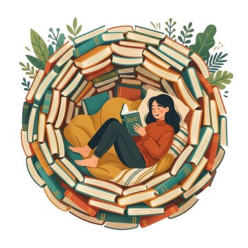 Woman reading a book inside a cozy nest of stacked books and plants illustration