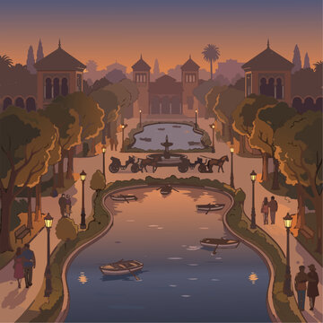 Romantic vector landscape of Maria Luisa Park at dusk, tree-lined pathways, Moorish pavilions, and soft amber lamplight reflecting on calm ponds.