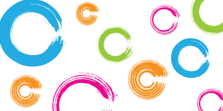 This image displays a minimalist abstract design with multiple incomplete brushstroke circles set against a solid white backdrop.