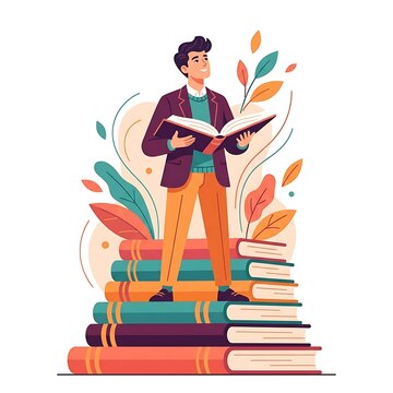 Man standing on a stack of books reading and learning with an open book illustration