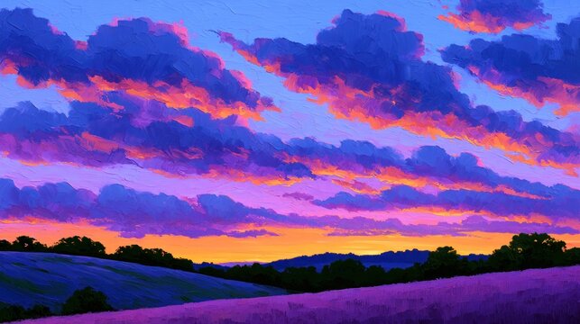 Vibrant sunset sky with pink and purple clouds over a serene landscape and rolling hills